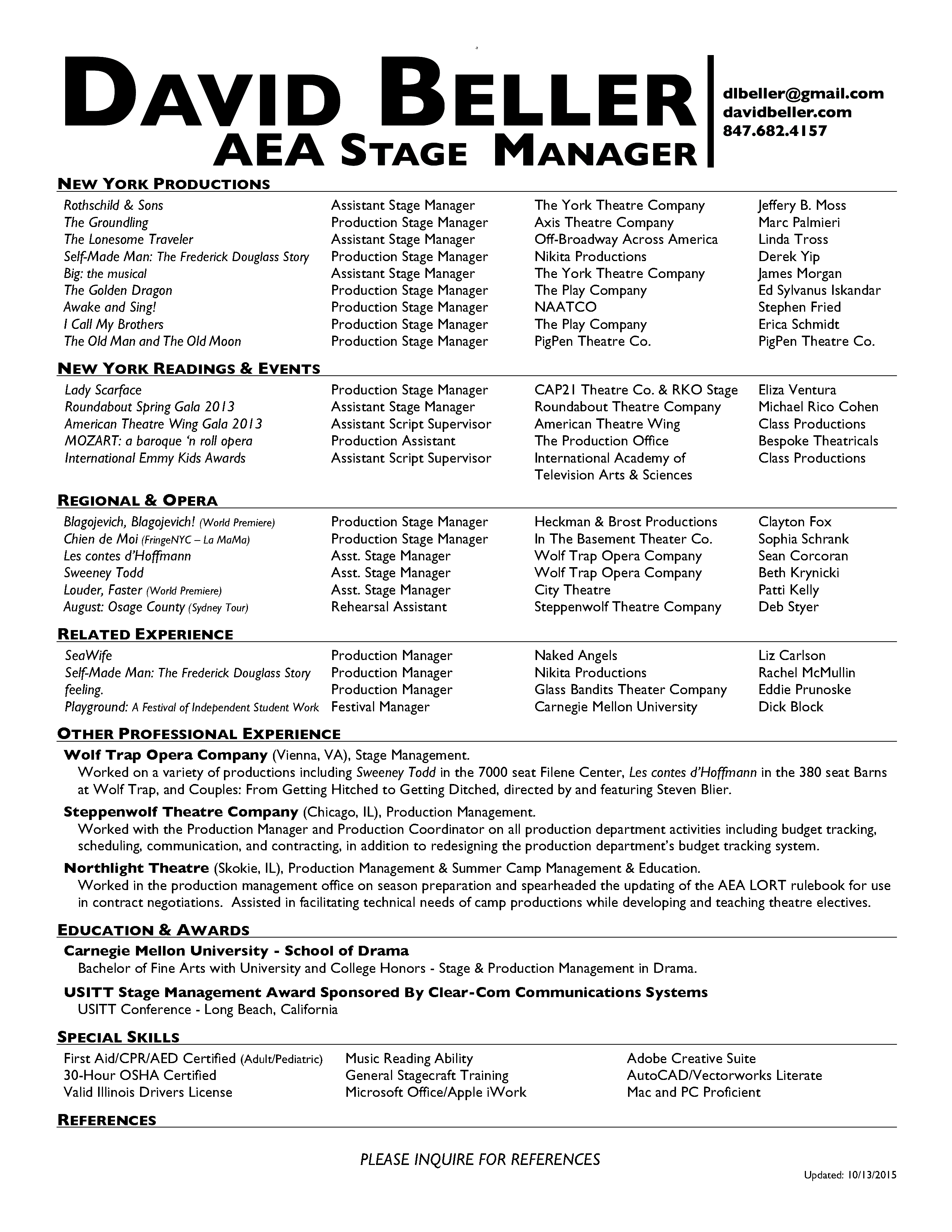 david beller aea stage manager production manager resume david beller aea stage manager production manager resume
